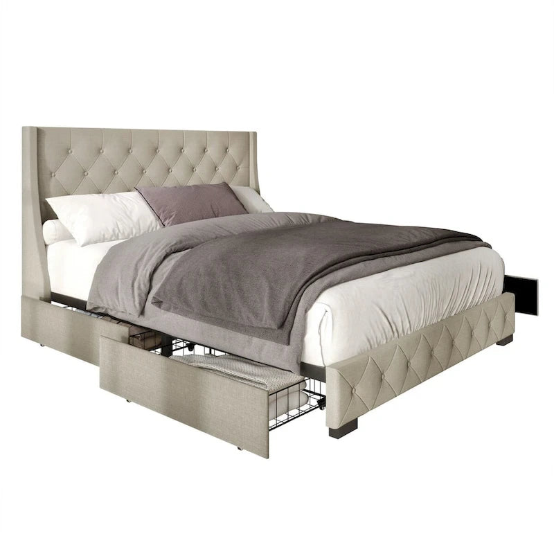 Button-Tufted Linen Storage Platform Bed with Wingback Headboard – Charcoal / Warm / Light Grey, Full / Queen / King, Single