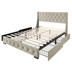 Button-Tufted Linen Storage Platform Bed with Wingback Headboard – Charcoal / Warm / Light Grey, Full / Queen / King, Single