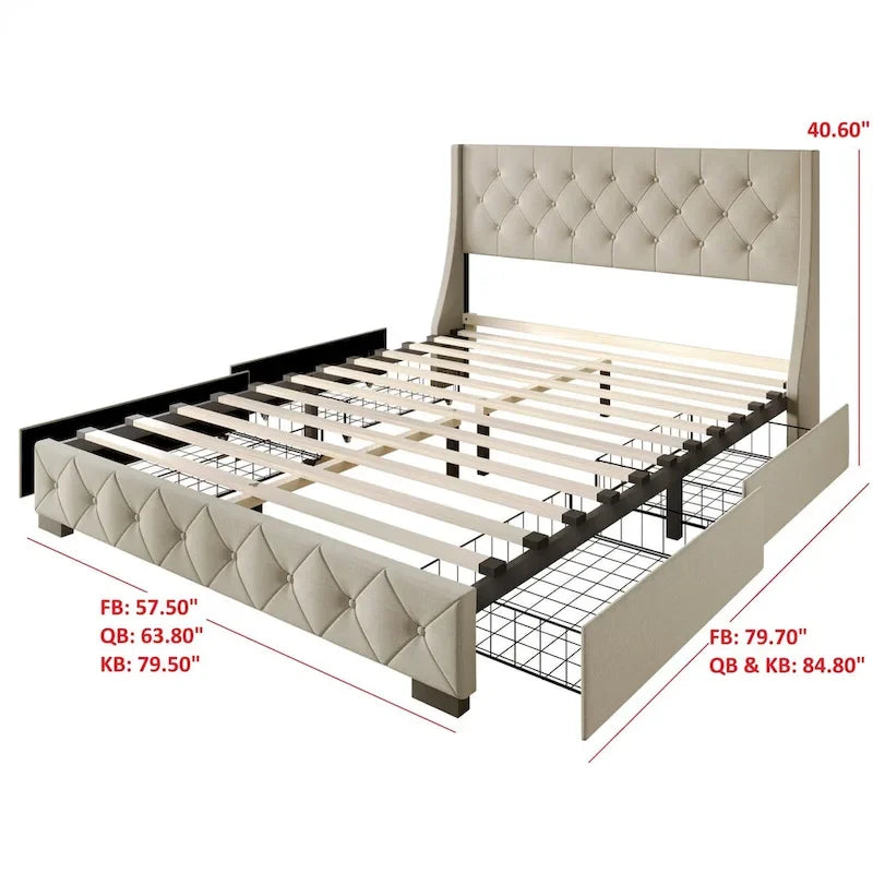 Button-Tufted Linen Storage Platform Bed with Wingback Headboard – Charcoal / Warm / Light Grey, Full / Queen / King, Single