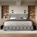 Button-Tufted Linen Storage Platform Bed with Wingback Headboard – Charcoal / Warm / Light Grey, Full / Queen / King, Single