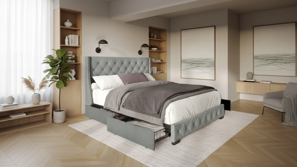 Button-Tufted Linen Storage Platform Bed with Wingback Headboard – Charcoal / Warm / Light Grey, Full / Queen / King, Single