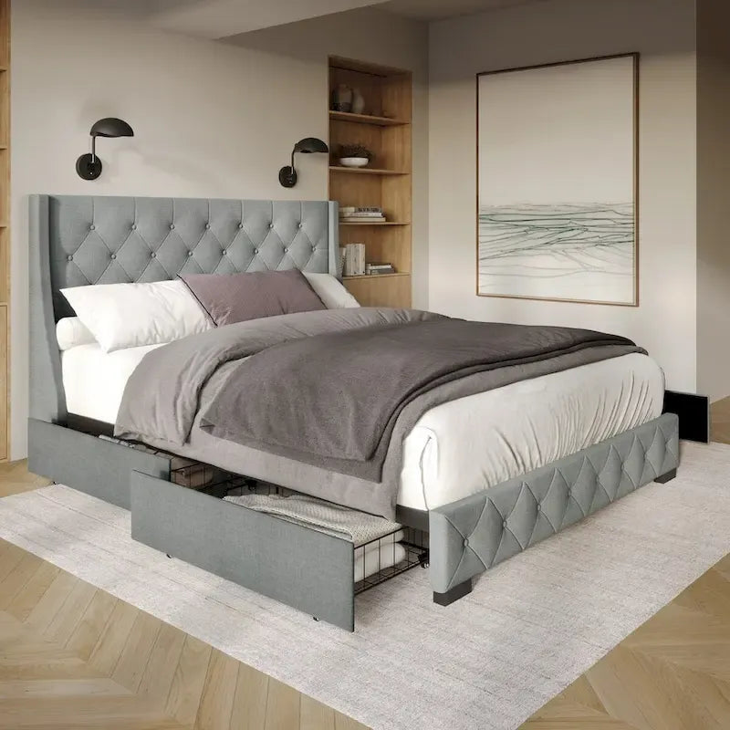 Button-Tufted Linen Storage Platform Bed with Wingback Headboard – Charcoal / Warm / Light Grey, Full / Queen / King, Single