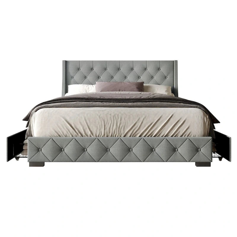 Button-Tufted Linen Storage Platform Bed with Wingback Headboard – Charcoal / Warm / Light Grey, Full / Queen / King, Single