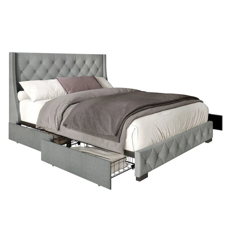 Button-Tufted Linen Storage Platform Bed with Wingback Headboard – Charcoal / Warm / Light Grey, Full / Queen / King, Single