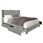 Button-Tufted Linen Storage Platform Bed with Wingback Headboard – Charcoal / Warm / Light Grey, Full / Queen / King, Single