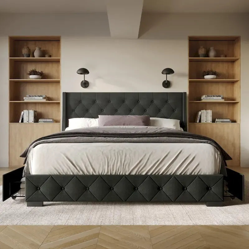 Button-Tufted Linen Storage Platform Bed with Wingback Headboard – Charcoal / Warm / Light Grey, Full / Queen / King, Single