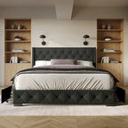 Button-Tufted Linen Storage Platform Bed with Wingback Headboard – Charcoal / Warm / Light Grey, Full / Queen / King, Single