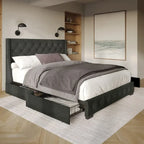 Button-Tufted Linen Storage Platform Bed with Wingback Headboard – Charcoal / Warm / Light Grey, Full / Queen / King, Single