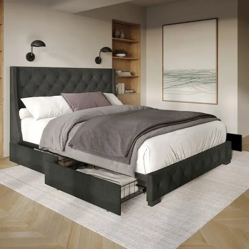 Button-Tufted Linen Storage Platform Bed with Wingback Headboard – Charcoal / Warm / Light Grey, Full / Queen / King, Single