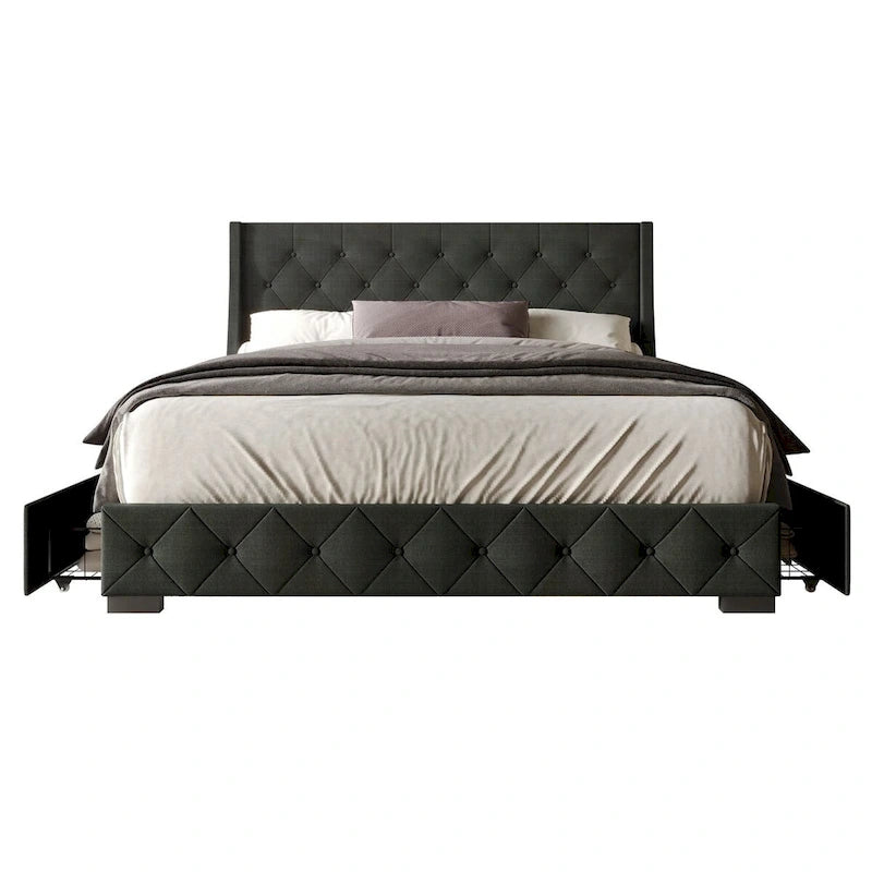 Button-Tufted Linen Storage Platform Bed with Wingback Headboard – Charcoal / Warm / Light Grey, Full / Queen / King, Single