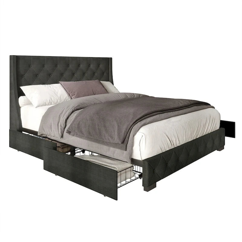 Button-Tufted Linen Storage Platform Bed with Wingback Headboard – Charcoal / Warm / Light Grey, Full / Queen / King, Single