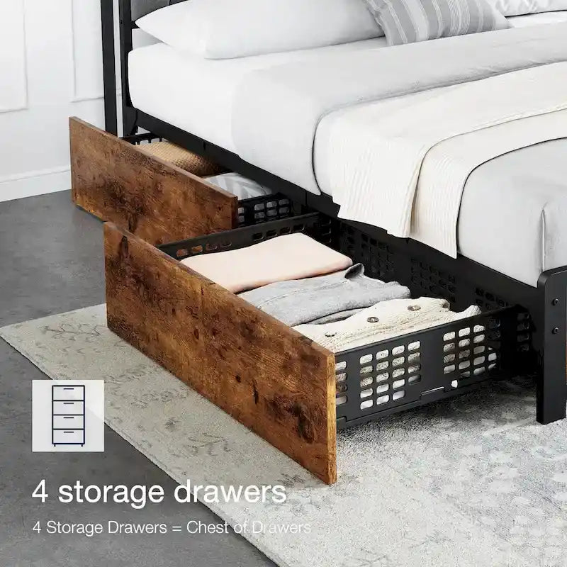 Platform Bed Frame with 4 Storage Drawers and Upholstered Headboard – Brown, Full / Queen, 1-2 Person
