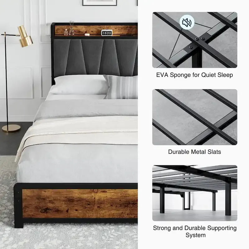 Platform Bed Frame with 4 Storage Drawers and Upholstered Headboard – Brown, Full / Queen, 1-2 Person