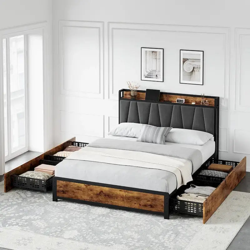 Platform Bed Frame with 4 Storage Drawers and Upholstered Headboard – Brown, Full / Queen, 1-2 Person