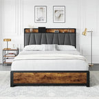 Platform Bed Frame with 4 Storage Drawers and Upholstered Headboard – Brown, Full / Queen, 1-2 Person