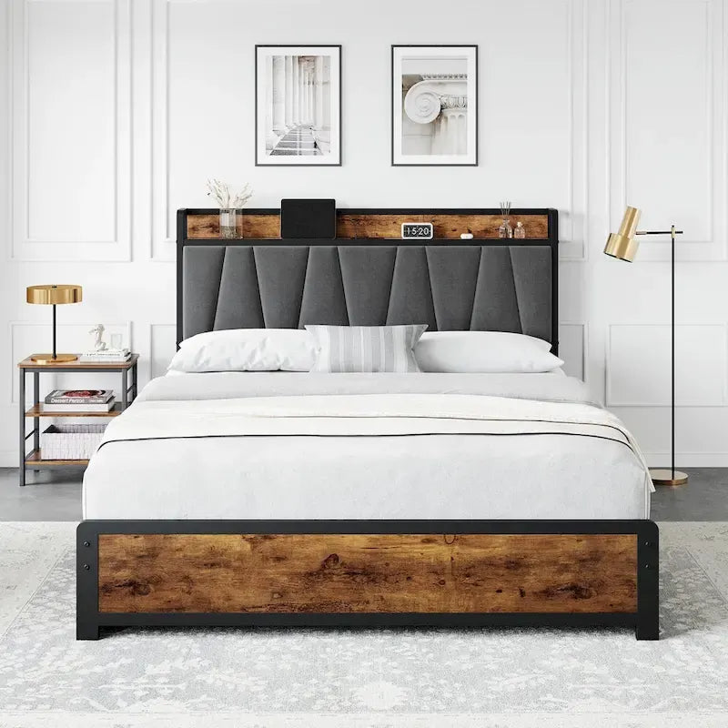 Platform Bed Frame with 4 Storage Drawers and Upholstered Headboard – Brown, Full / Queen, 1-2 Person