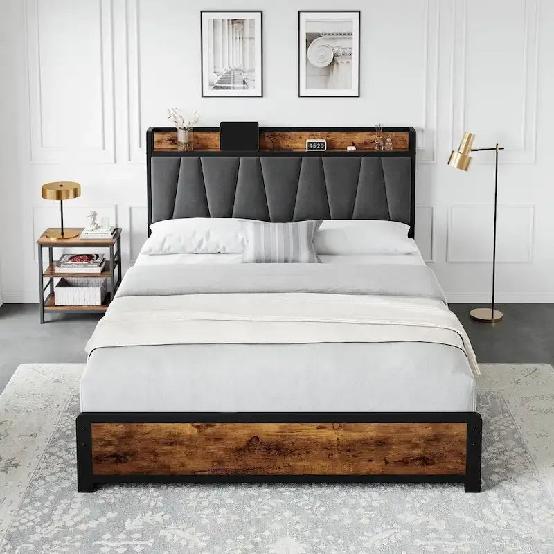 Platform Bed Frame with 4 Storage Drawers and Upholstered Headboard – Brown, Full / Queen, 1-2 Person