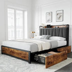 Platform Bed Frame with 4 Storage Drawers and Upholstered Headboard – Brown, Full / Queen, 1-2 Person