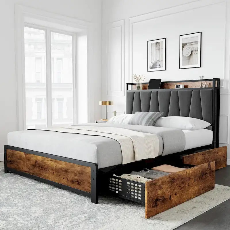 Platform Bed Frame with 4 Storage Drawers and Upholstered Headboard – Brown, Full / Queen, 1-2 Person