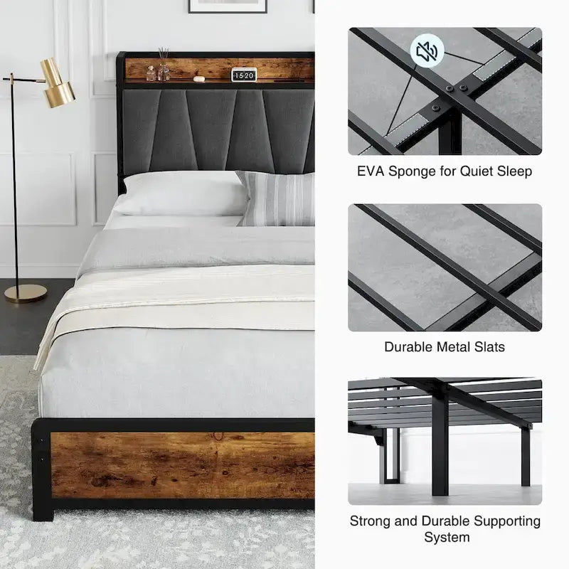 Platform Bed Frame with 4 Storage Drawers and Upholstered Headboard – Brown, Full / Queen, 1-2 Person