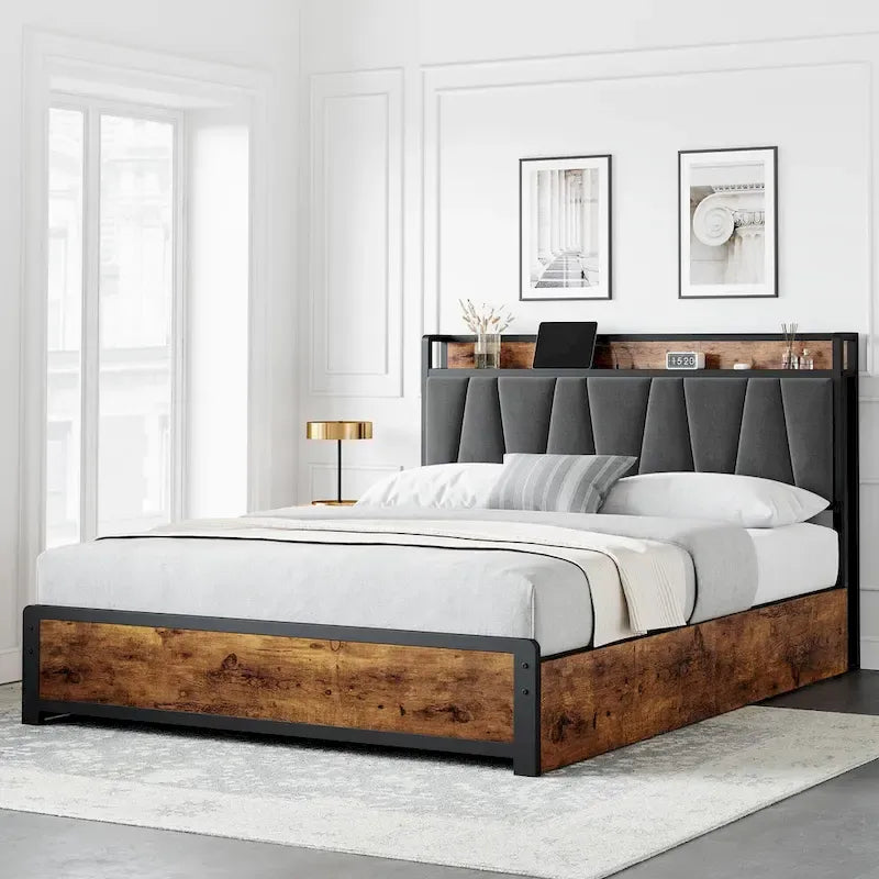 Platform Bed Frame with 4 Storage Drawers and Upholstered Headboard – Brown, Full / Queen, 1-2 Person