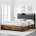Platform Bed Frame with 4 Storage Drawers and Upholstered Headboard – Brown, Full / Queen, 1-2 Person