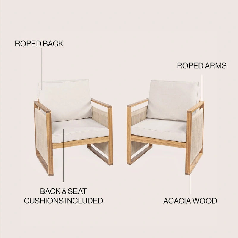 Saranac Mid-Century Modern Roped Acacia Wood Outdoor Patio Chair with Cushions, (Set of 2) by JONATHAN Y