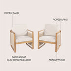 Saranac Mid-Century Modern Roped Acacia Wood Outdoor Patio Chair with Cushions, (Set of 2) by JONATHAN Y