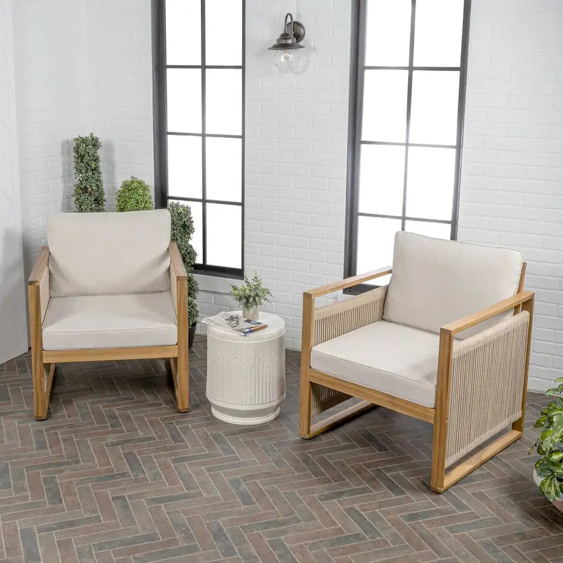 Saranac Mid-Century Modern Roped Acacia Wood Outdoor Patio Chair with Cushions, (Set of 2) by JONATHAN Y