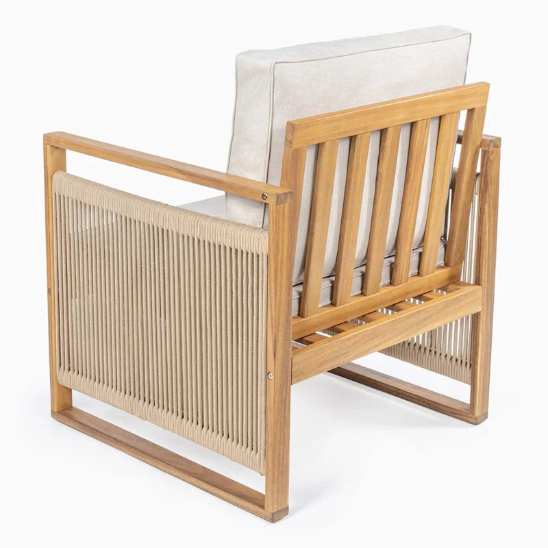 Saranac Mid-Century Modern Roped Acacia Wood Outdoor Patio Chair with Cushions, (Set of 2) by JONATHAN Y