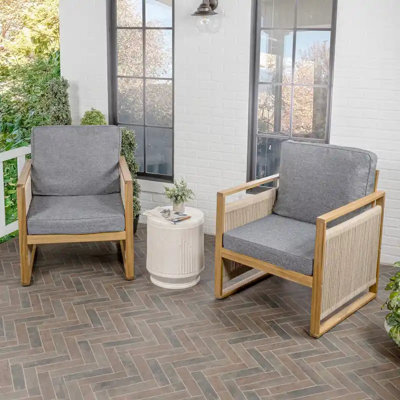 Saranac Mid-Century Modern Roped Acacia Wood Outdoor Patio Chair with Cushions, (Set of 2) by JONATHAN Y