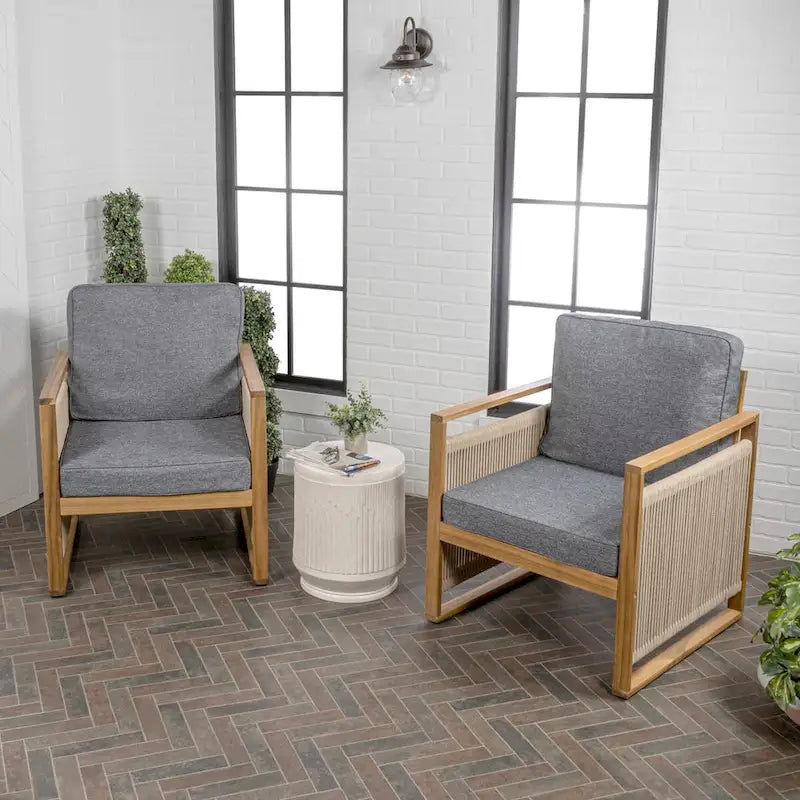 Saranac Mid-Century Modern Roped Acacia Wood Outdoor Patio Chair with Cushions, (Set of 2) by JONATHAN Y