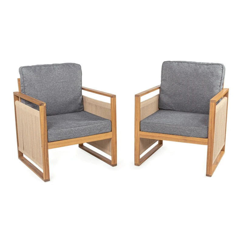 Saranac Mid-Century Modern Roped Acacia Wood Outdoor Patio Chair with Cushions, (Set of 2) by JONATHAN Y