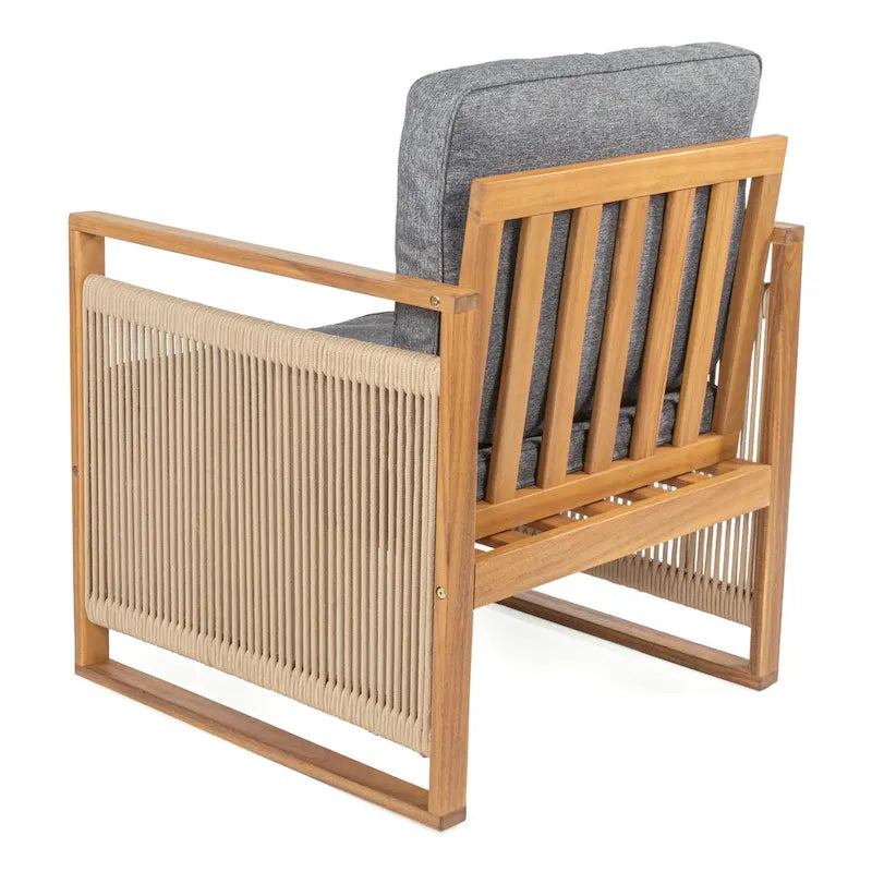 Saranac Mid-Century Modern Roped Acacia Wood Outdoor Patio Chair with Cushions, (Set of 2) by JONATHAN Y