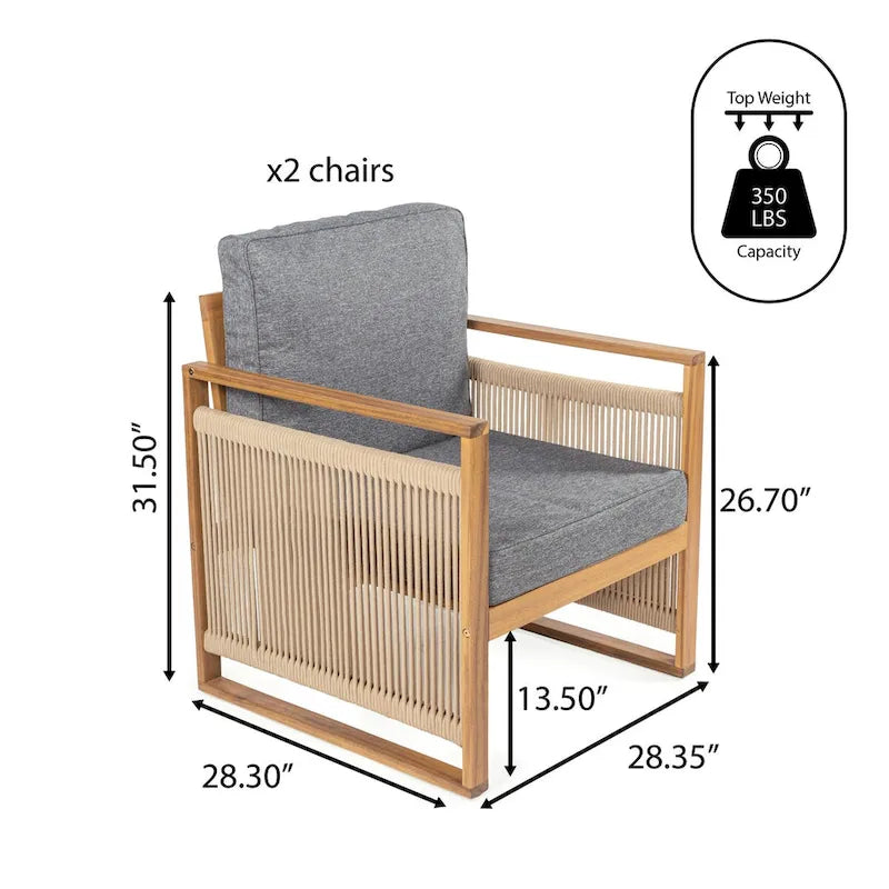 Saranac Mid-Century Modern Roped Acacia Wood Outdoor Patio Chair with Cushions, (Set of 2) by JONATHAN Y
