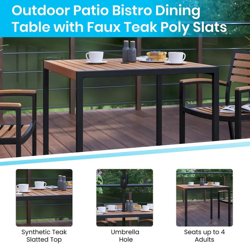 Black Steel Framed 35 Square Faux Teak Patio Table-Tan 9FT Patio Umbrella-Base