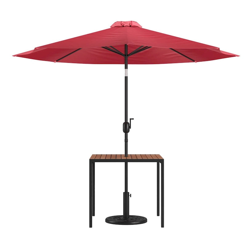 Black Steel Framed 35 Square Faux Teak Patio Table-Tan 9FT Patio Umbrella-Base