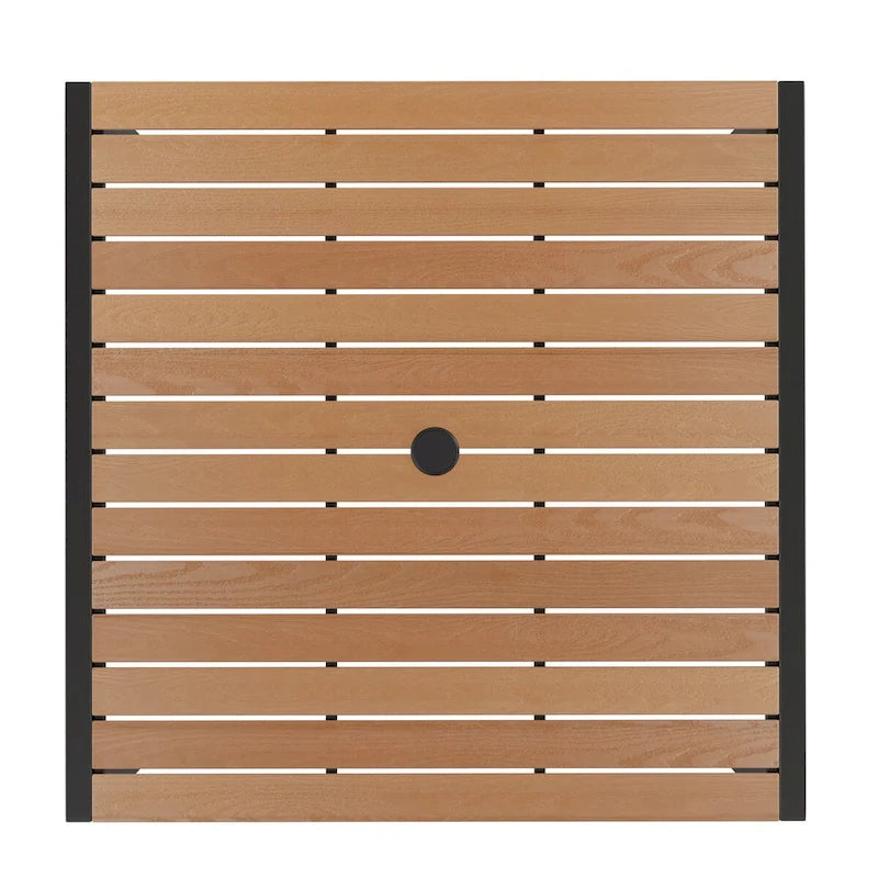 Black Steel Framed 35 Square Faux Teak Patio Table-Tan 9FT Patio Umbrella-Base