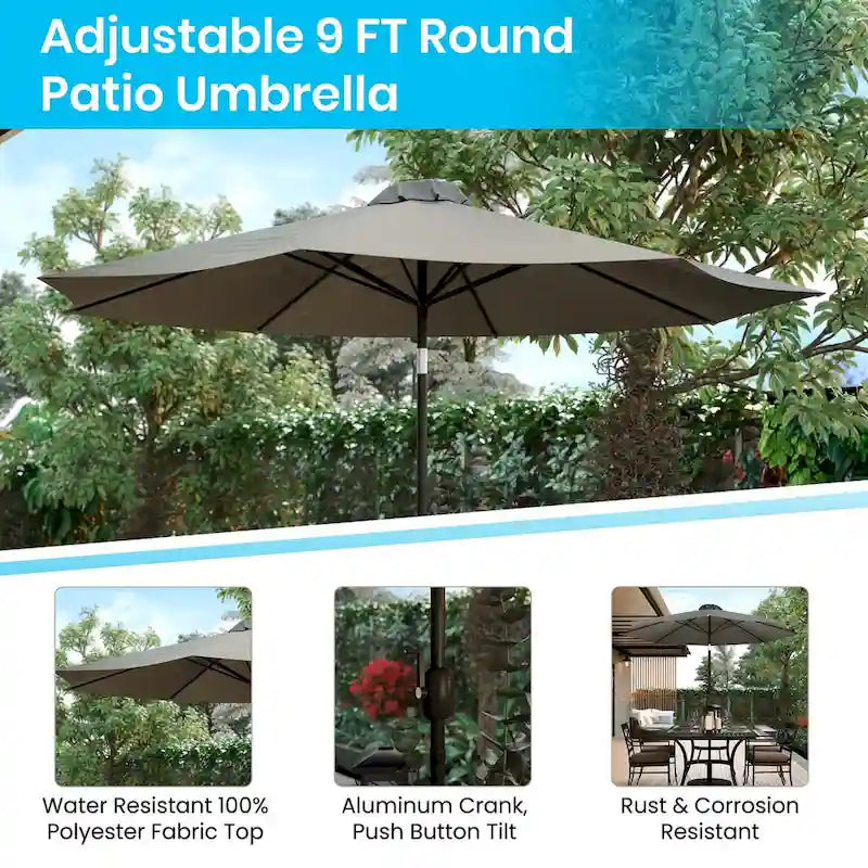 Black Steel Framed 35 Square Faux Teak Patio Table-Tan 9FT Patio Umbrella-Base