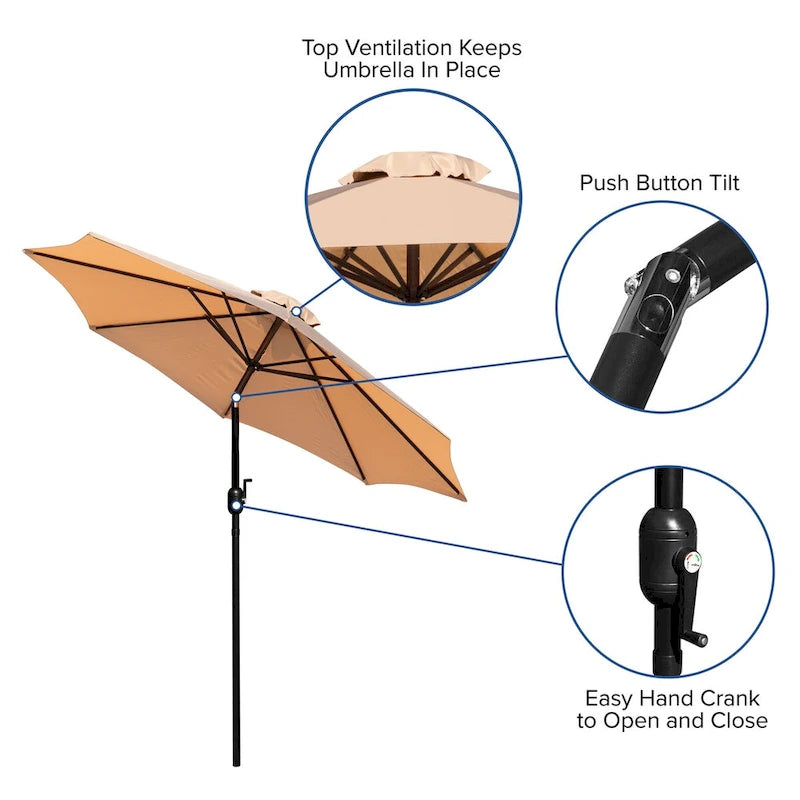 Black Steel Framed 35 Square Faux Teak Patio Table-Tan 9FT Patio Umbrella-Base