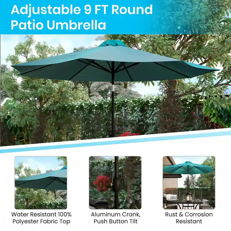 Black Steel Framed 35 Square Faux Teak Patio Table-Tan 9FT Patio Umbrella-Base