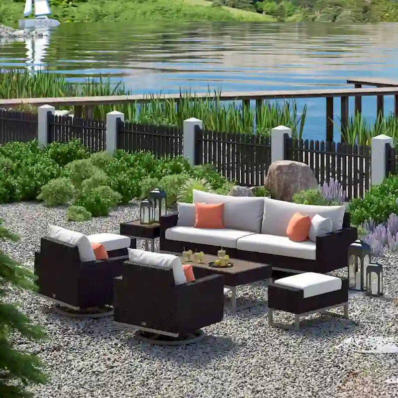 Milo Espresso 8 Piece Sunbrella Outdoor Patio Motion Seating Set