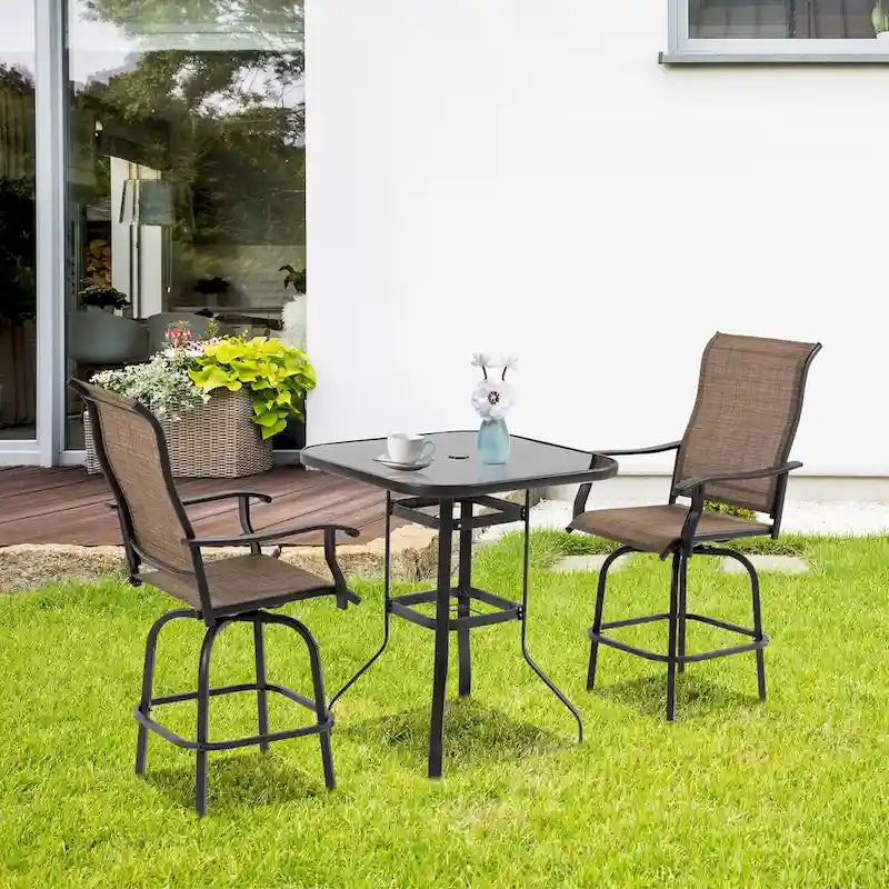 Set of 2 Outdoor Swivel Bar Stools with Armrests, Steel Frame