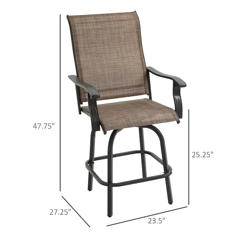 Set of 2 Outdoor Swivel Bar Stools with Armrests, Steel Frame