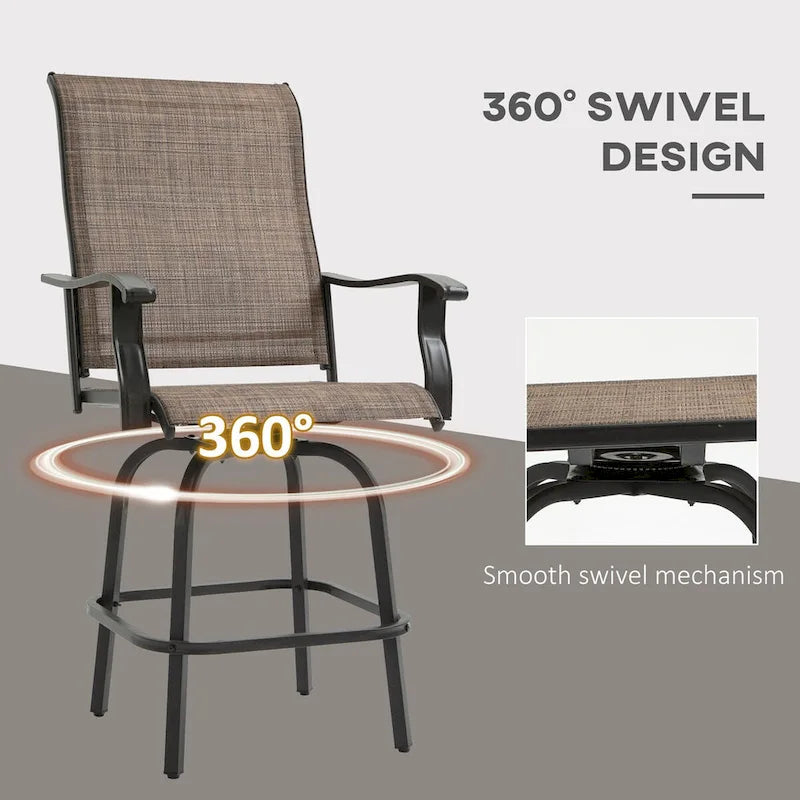 Set of 2 Outdoor Swivel Bar Stools with Armrests, Steel Frame