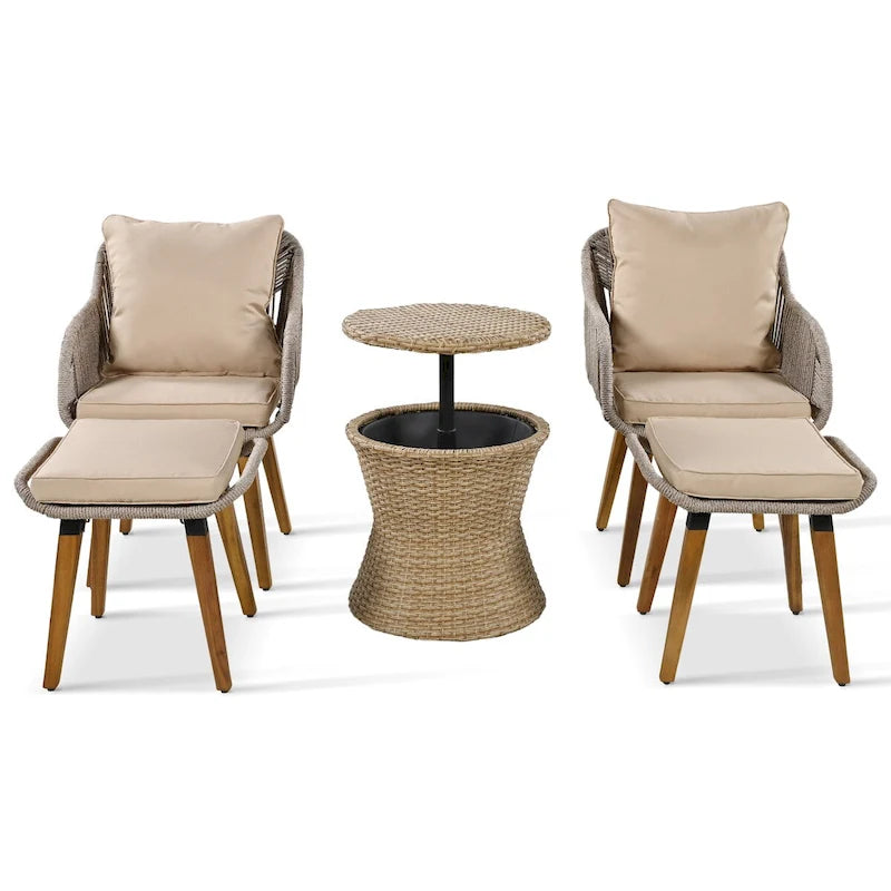 5-Piece Rope Patio Conversation Set with Wicker Bar Table and Cushions