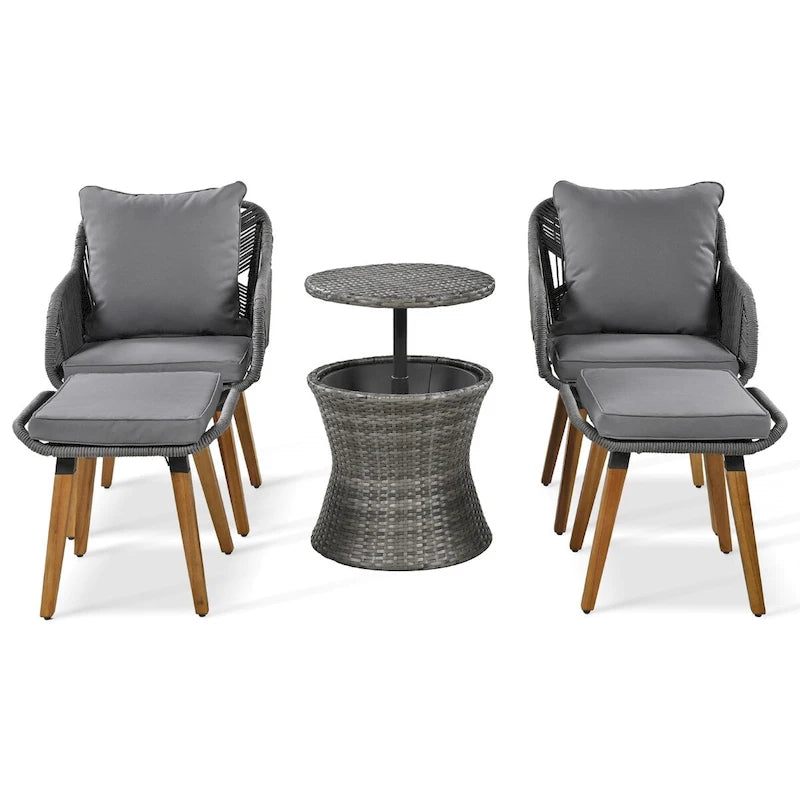 5-Piece Rope Patio Conversation Set with Wicker Bar Table and Cushions