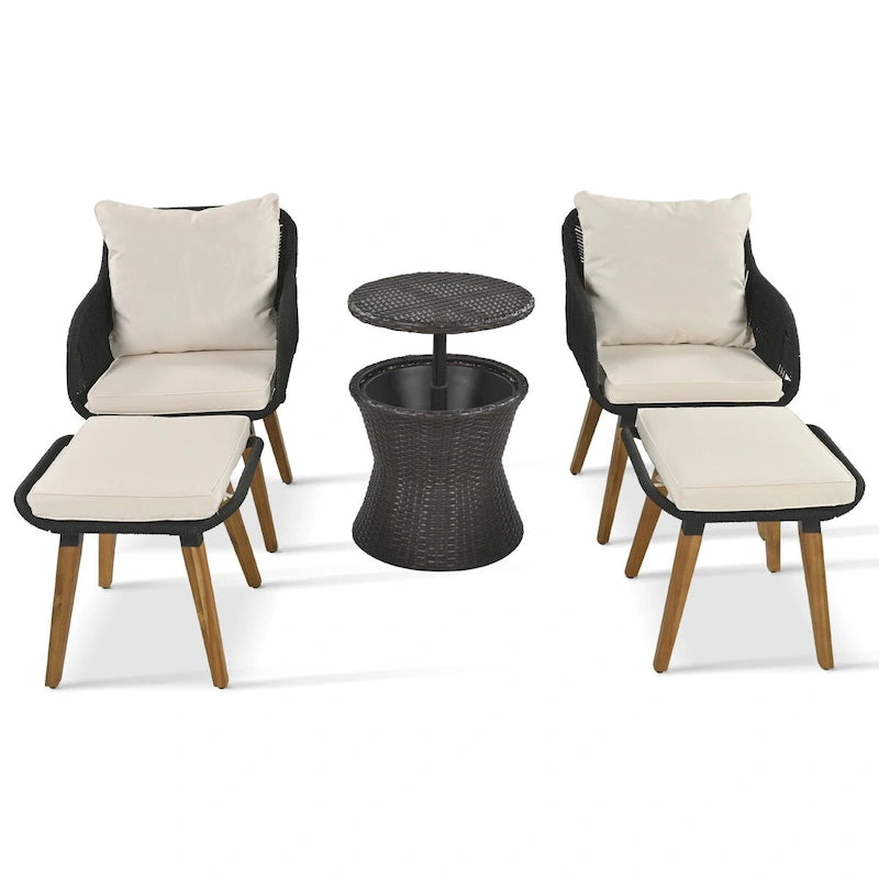5-Piece Rope Patio Conversation Set with Wicker Bar Table and Cushions