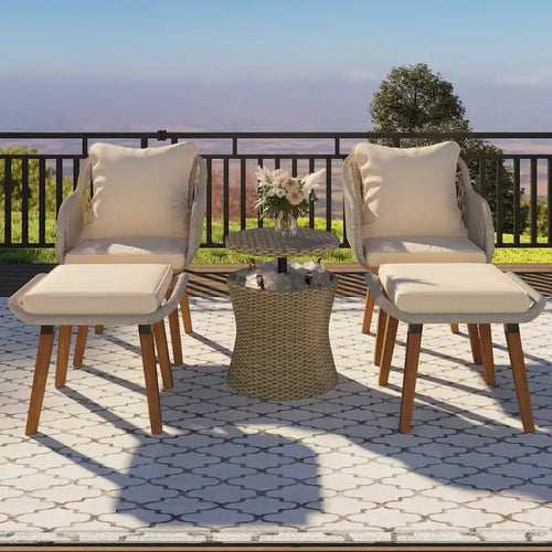 5-Piece Rope Patio Conversation Set with Wicker Bar Table and Cushions