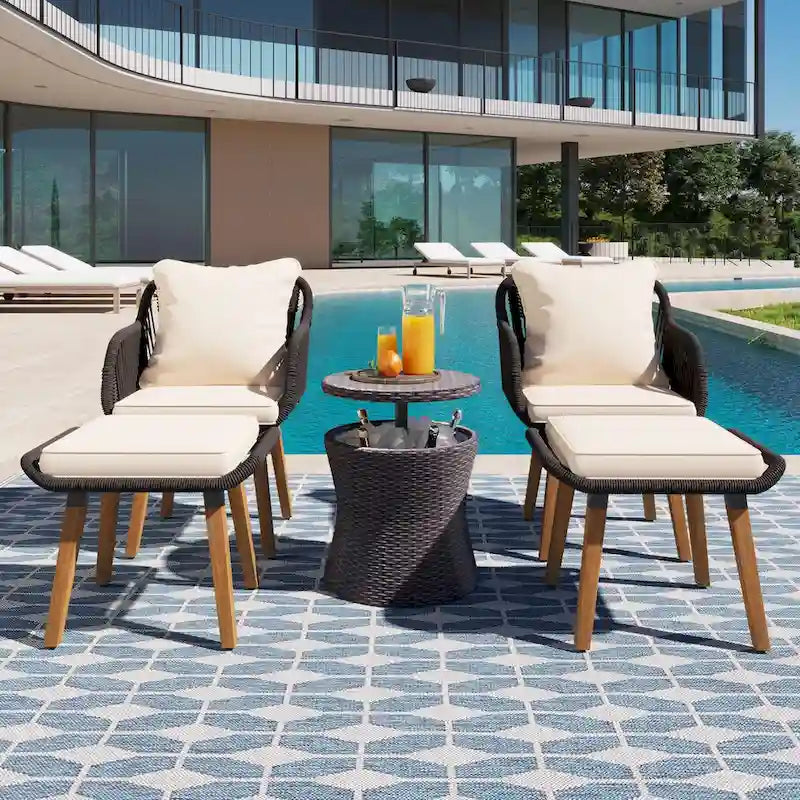 5-Piece Rope Patio Conversation Set with Wicker Bar Table and Cushions